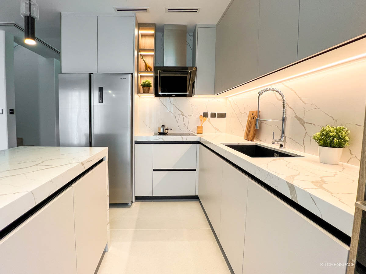 Illuminated Peninsula Kitchen